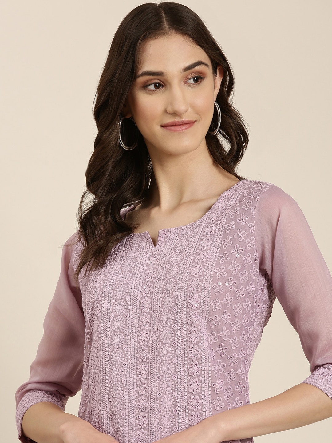 

SHOWOFF Ethnic Motif Embroidered Straight Kurta, Lavender