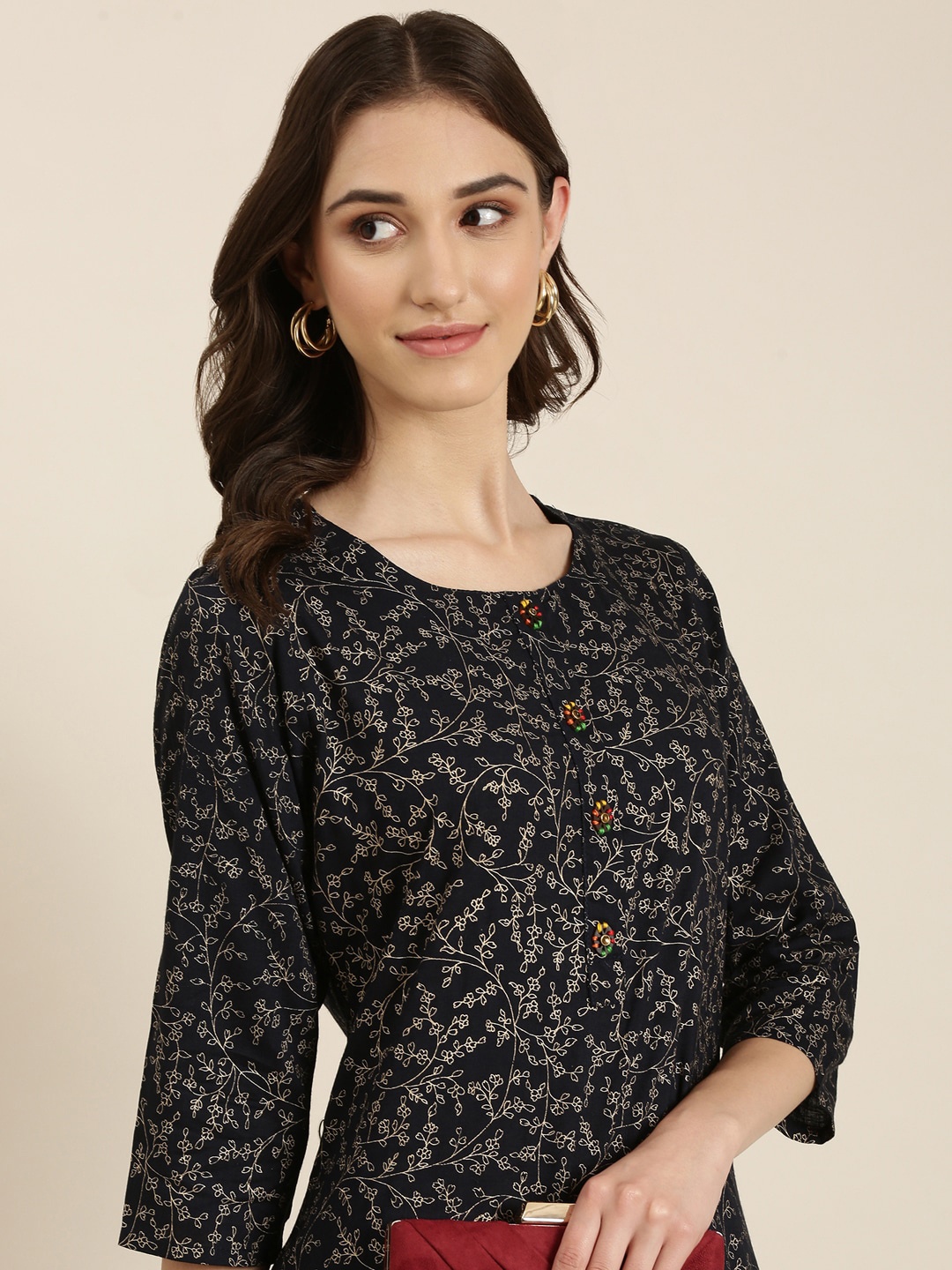 

SHOWOFF Floral Printed Straight Kurta, Navy blue