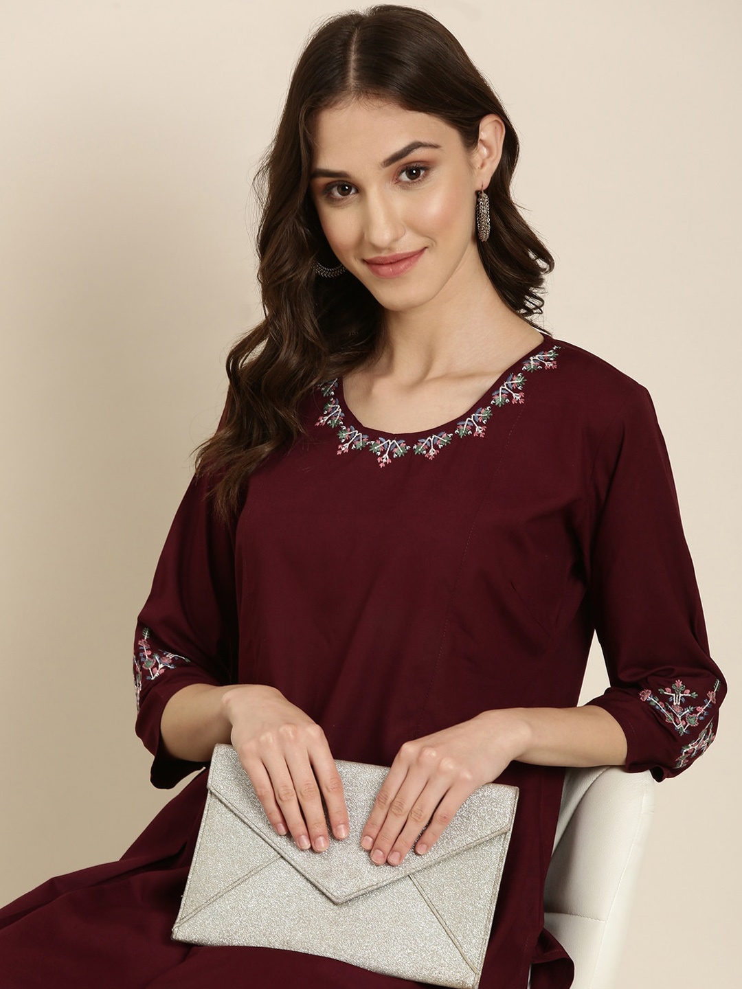 

SHOWOFF Floral Embroidered A-Line Kurta, Burgundy