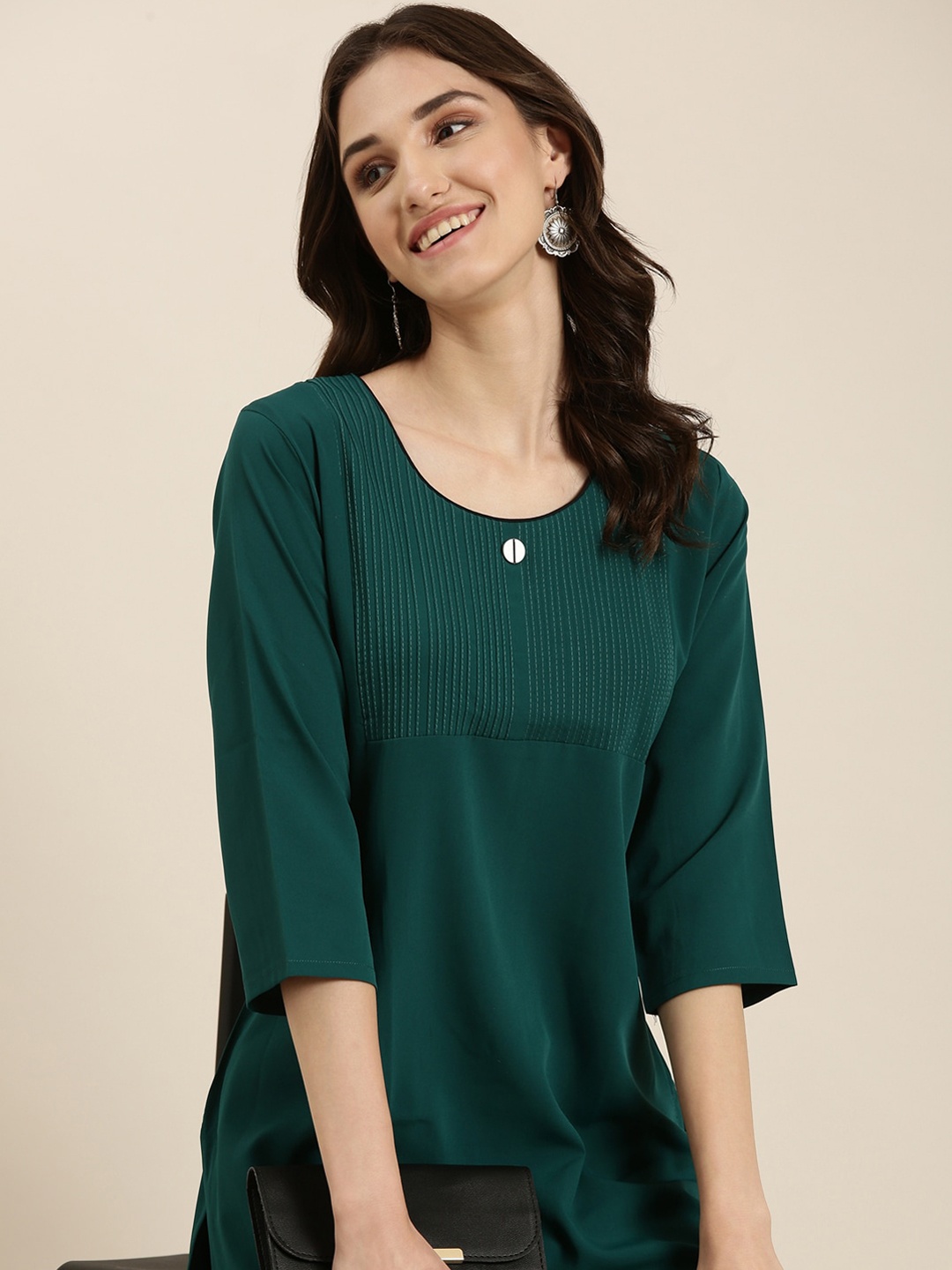 

SHOWOFF Striped Yoke Design Thread Work Georgette Kurta, Teal