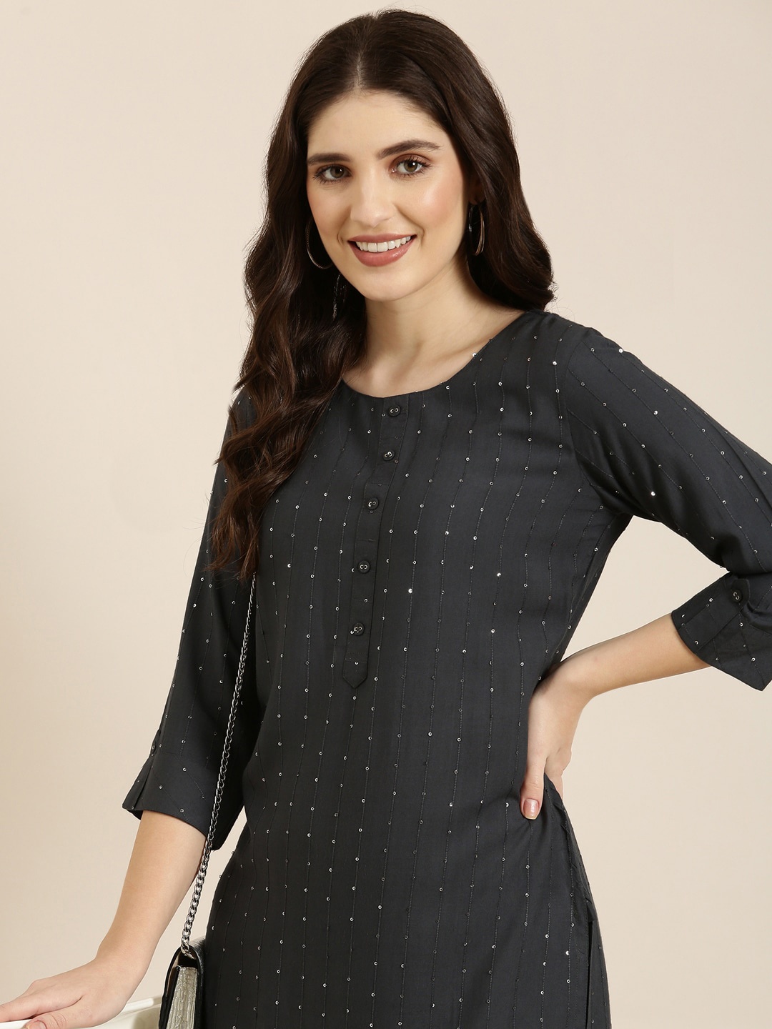 

SHOWOFF Embellished Sequined Straight Kurta, Charcoal