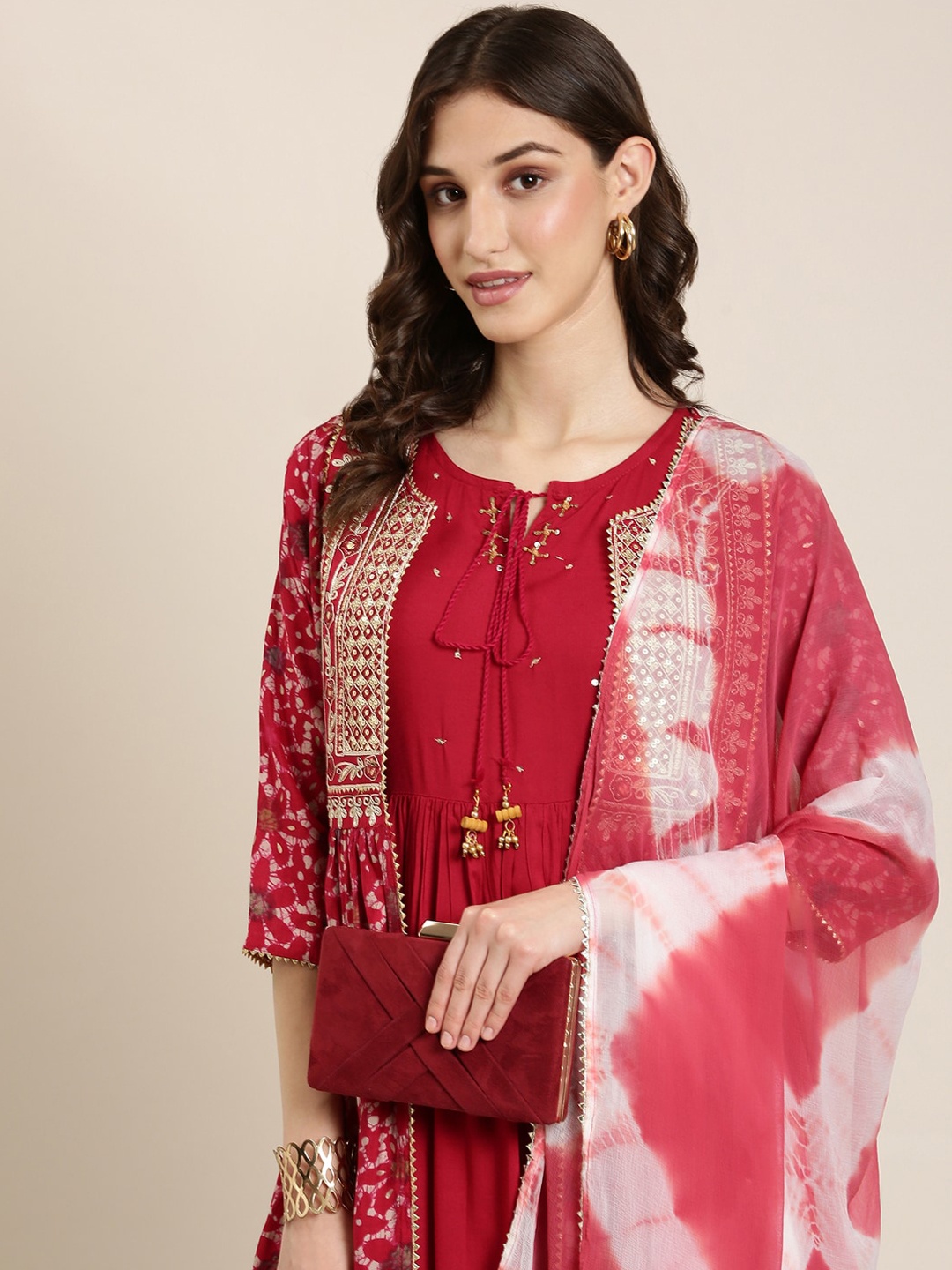 SHOWOFF Embellished Sequined Anarkali Kurta With Shrug, Red