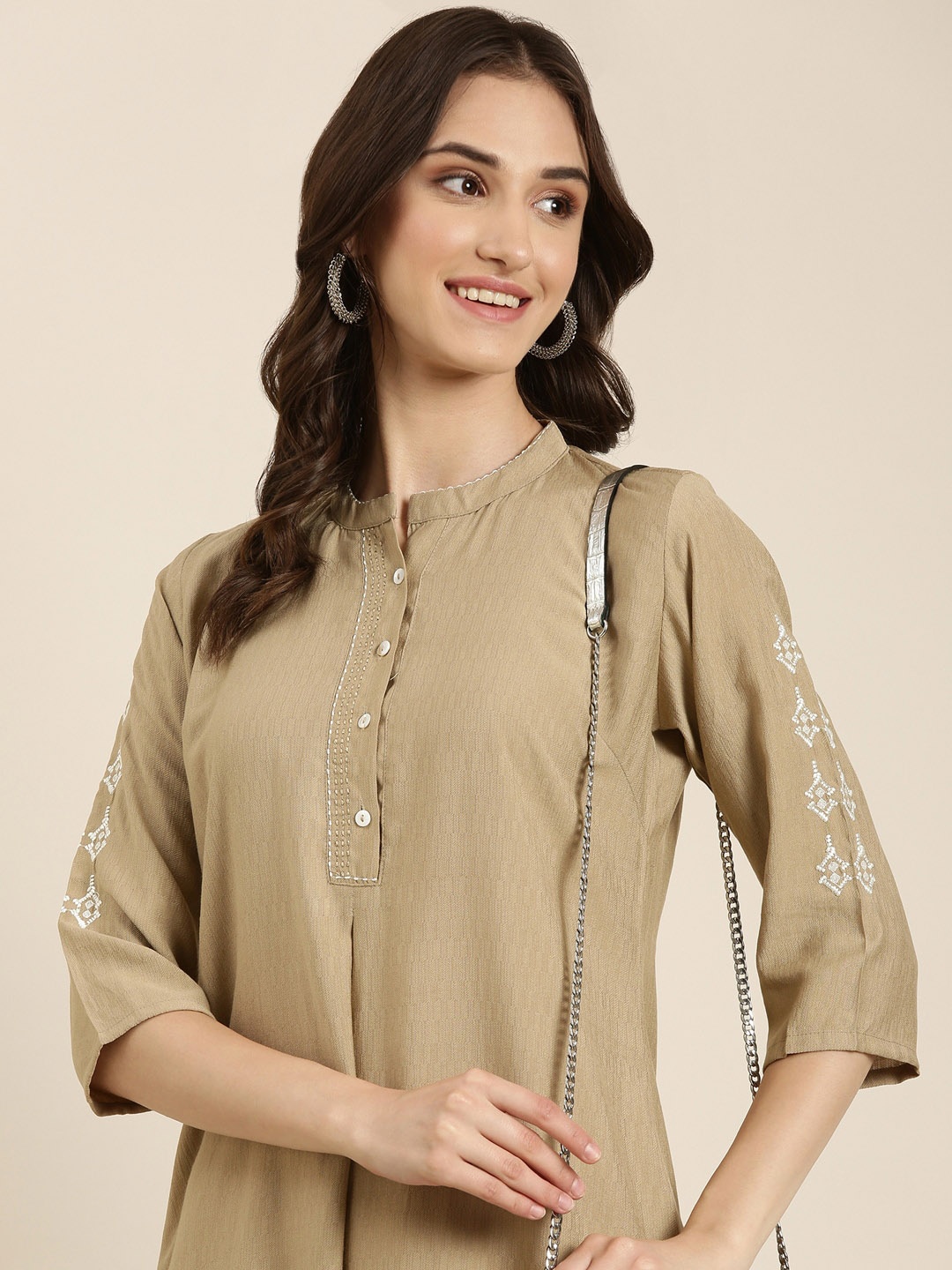 

SHOWOFF Band Collar Straight Kurta, Beige