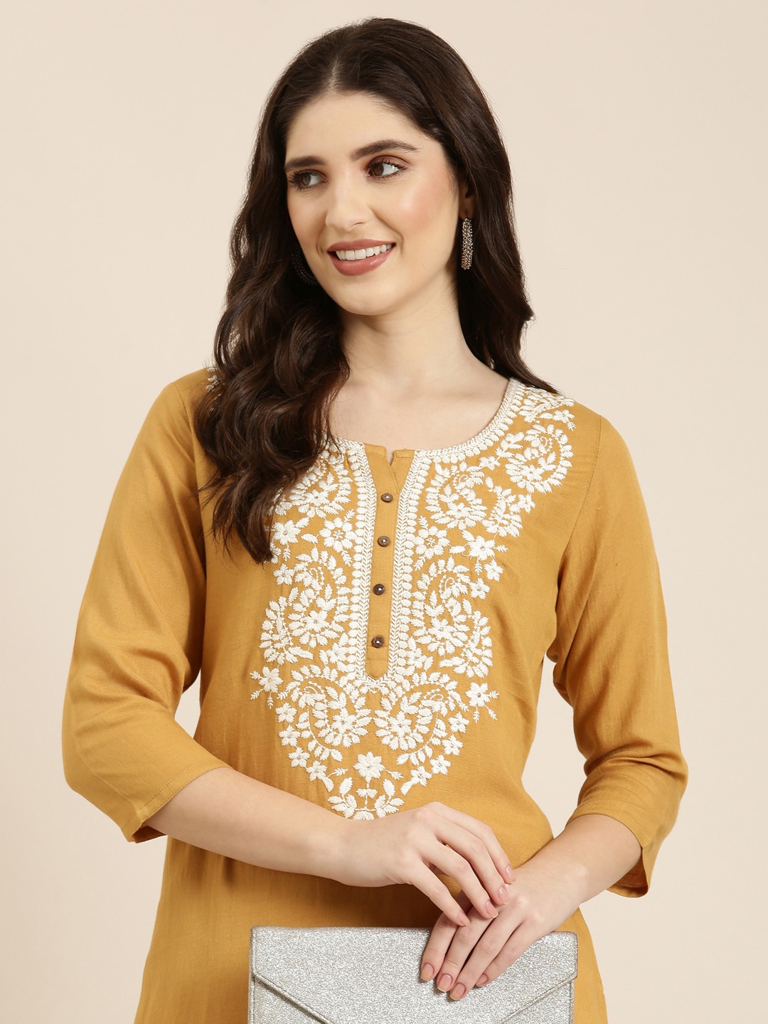 

SHOWOFF Floral Embroidered Thread Work Straight Kurta, Mustard