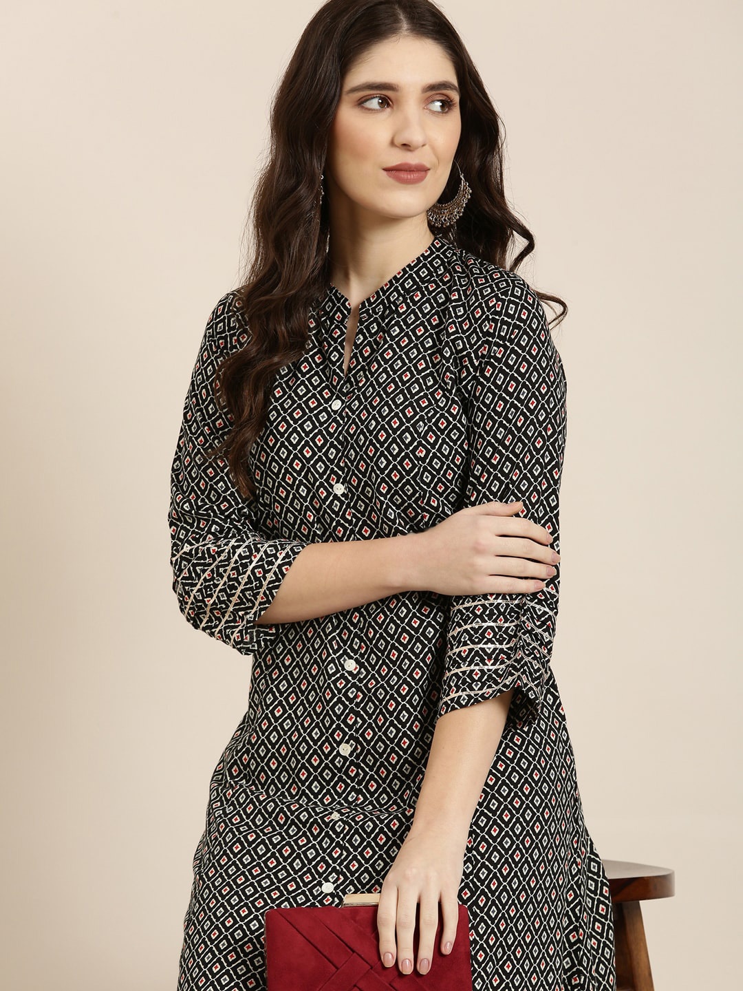 

SHOWOFF Geometric Printed A-Line Kurta, Black