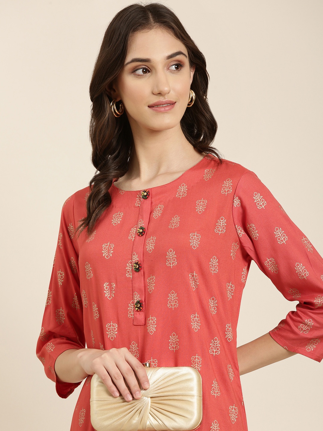 

SHOWOFF Ethnic Motifs Printed Straight Kurta, Coral