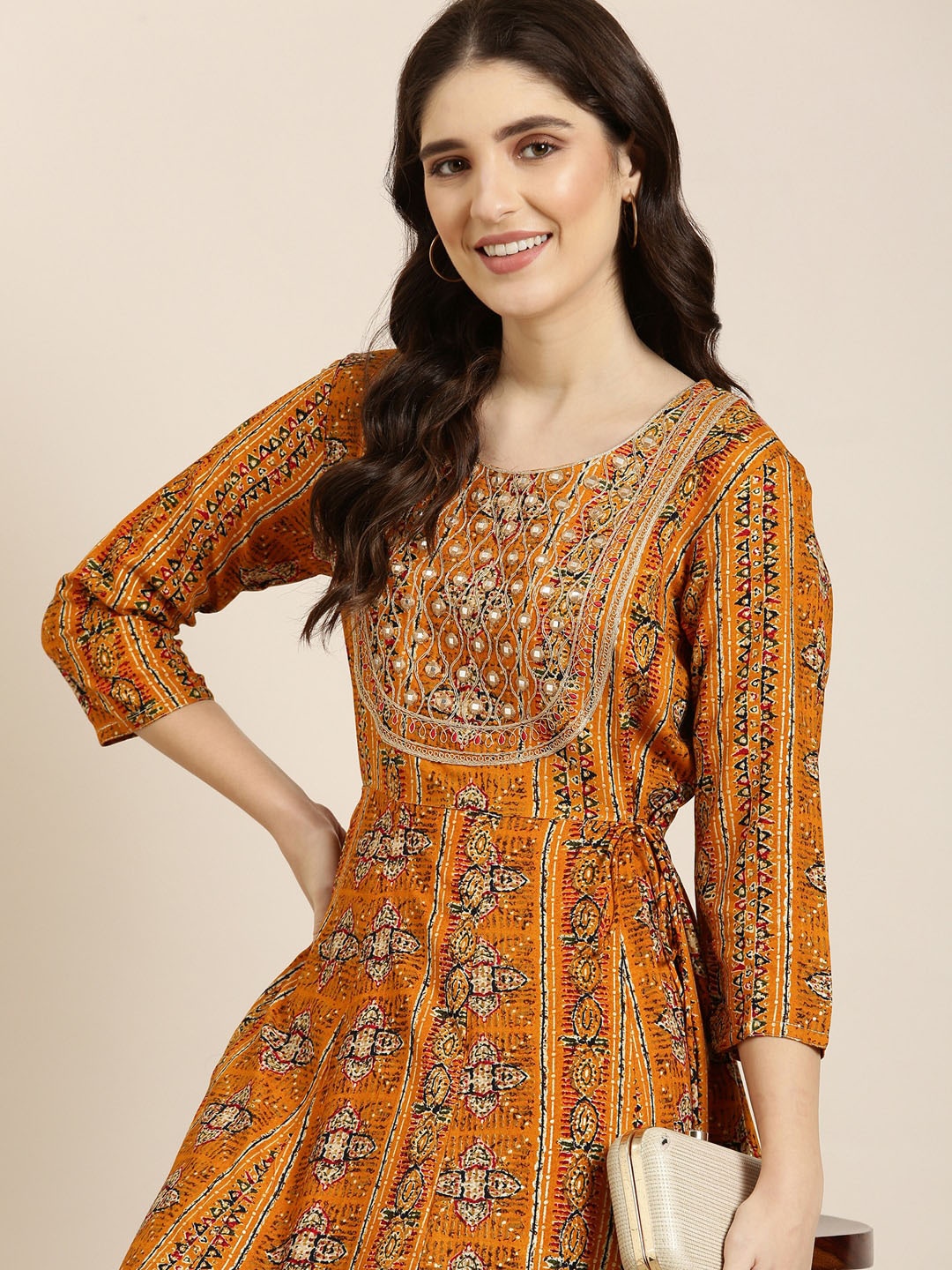 

SHOWOFF Ethnic Motifs Printed Thread Work Kurta, Mustard