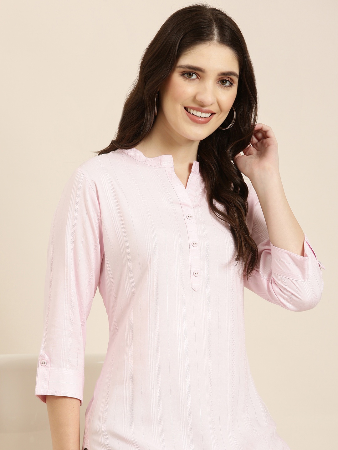 

SHOWOFF Striped Pure Cotton Straight Kurta, Pink