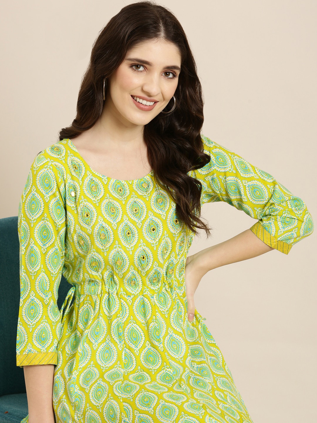 

SHOWOFF Ethnic Motifs Printed Mirror Work Pure Cotton Anarkali Kurta, Lime green