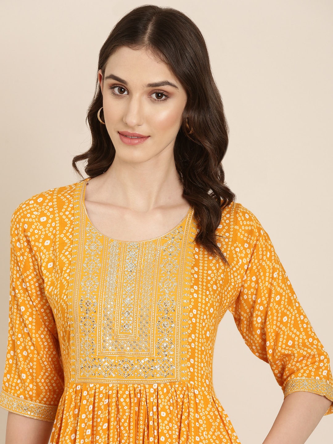 

SHOWOFF Bandhani Printed Sequinned Pure Cotton Anarkali Kurta, Mustard