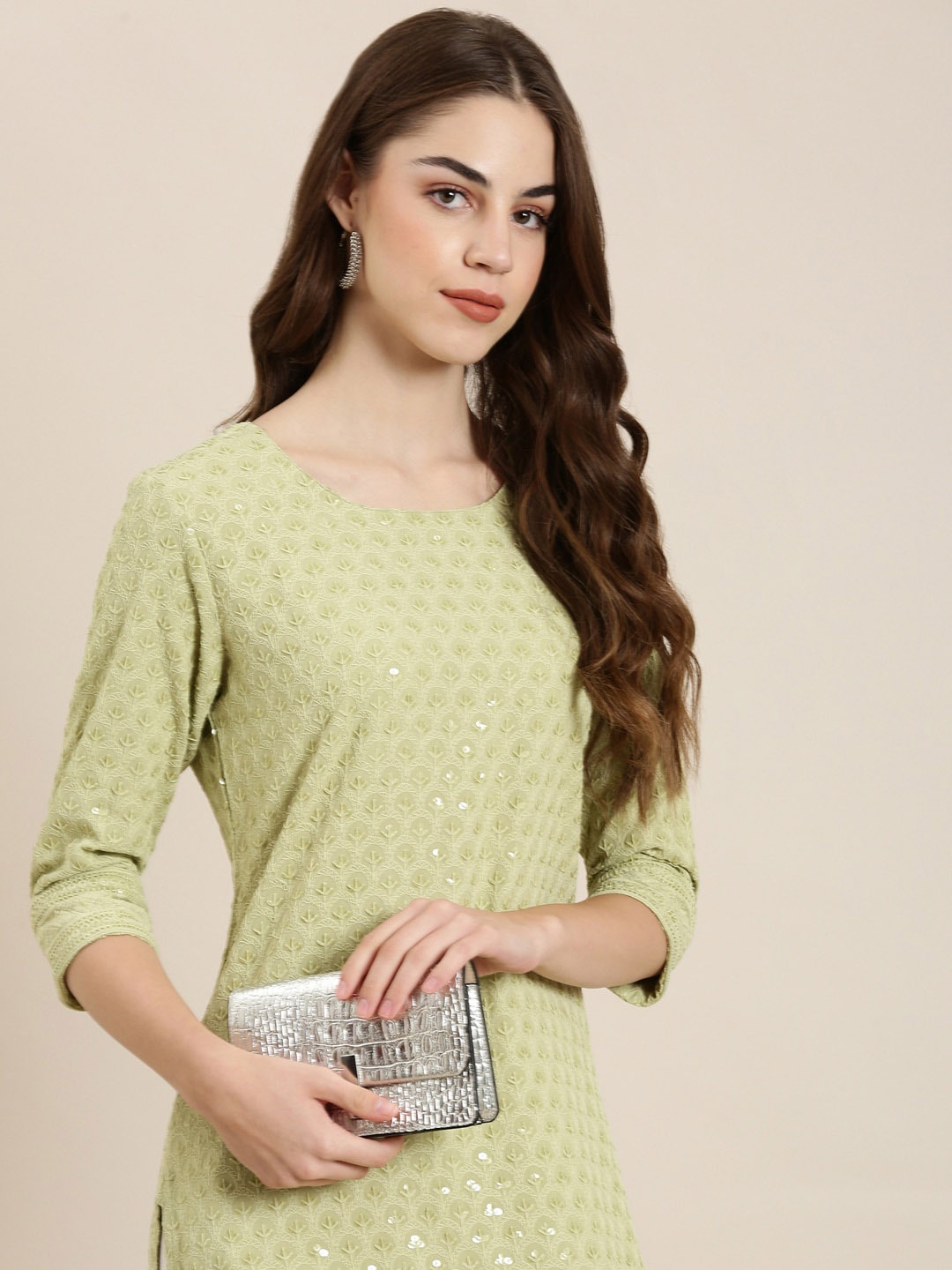 

SHOWOFF Floral Embroidered Sequinned Cotton Straight Kurta, Lime green