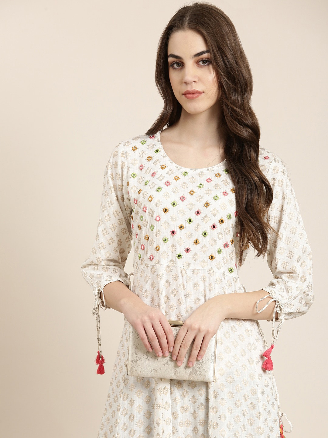 

SHOWOFF Floral Printed Mirror Work Cotton Anarkali Kurta, White