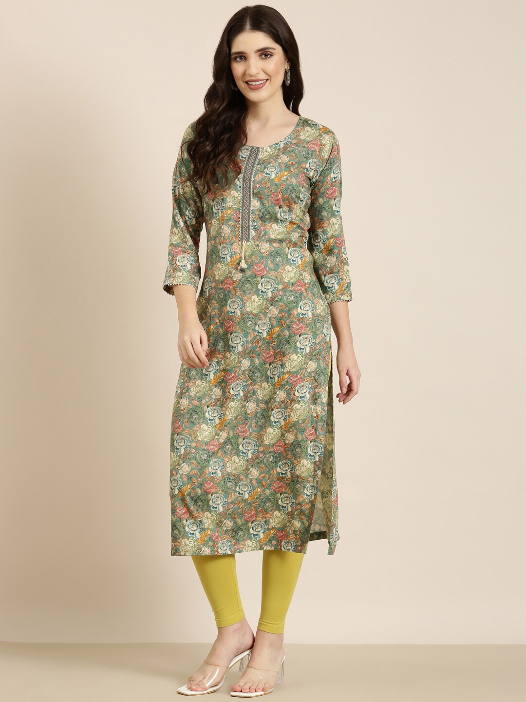 

SHOWOFF Floral Printed Cotton Straight Kurta, Green