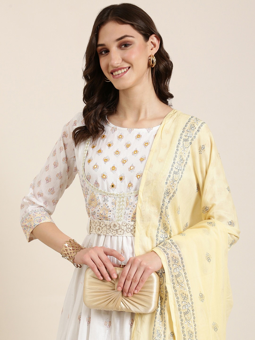 

SHOWOFF Ethnic Motifs Printed Mirror Work Anarkali Kurta With Dupatta & Belt, Off white