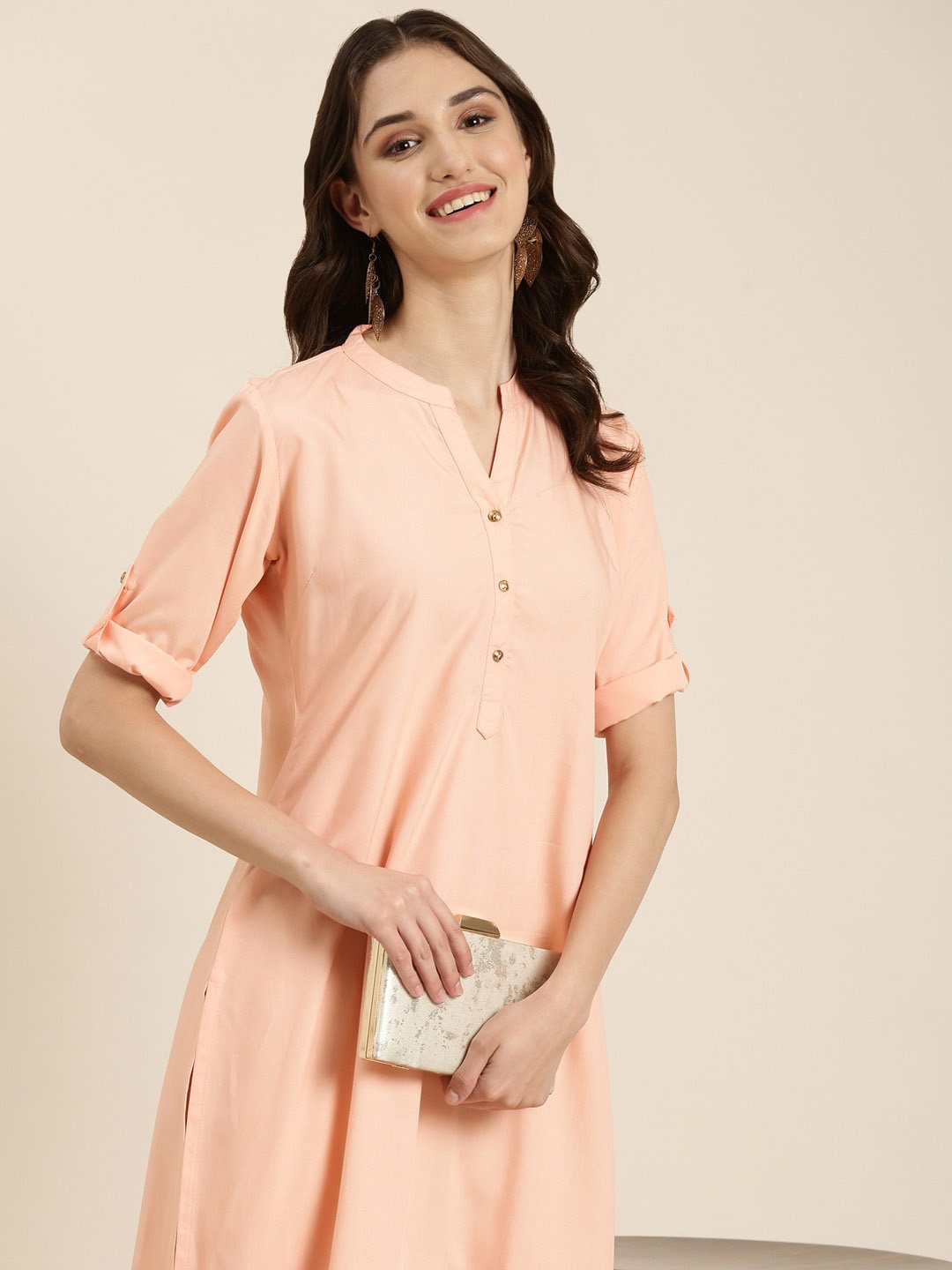 

SHOWOFF Mandarin Collar Roll-Up Sleeves Cotton Kurta, Peach