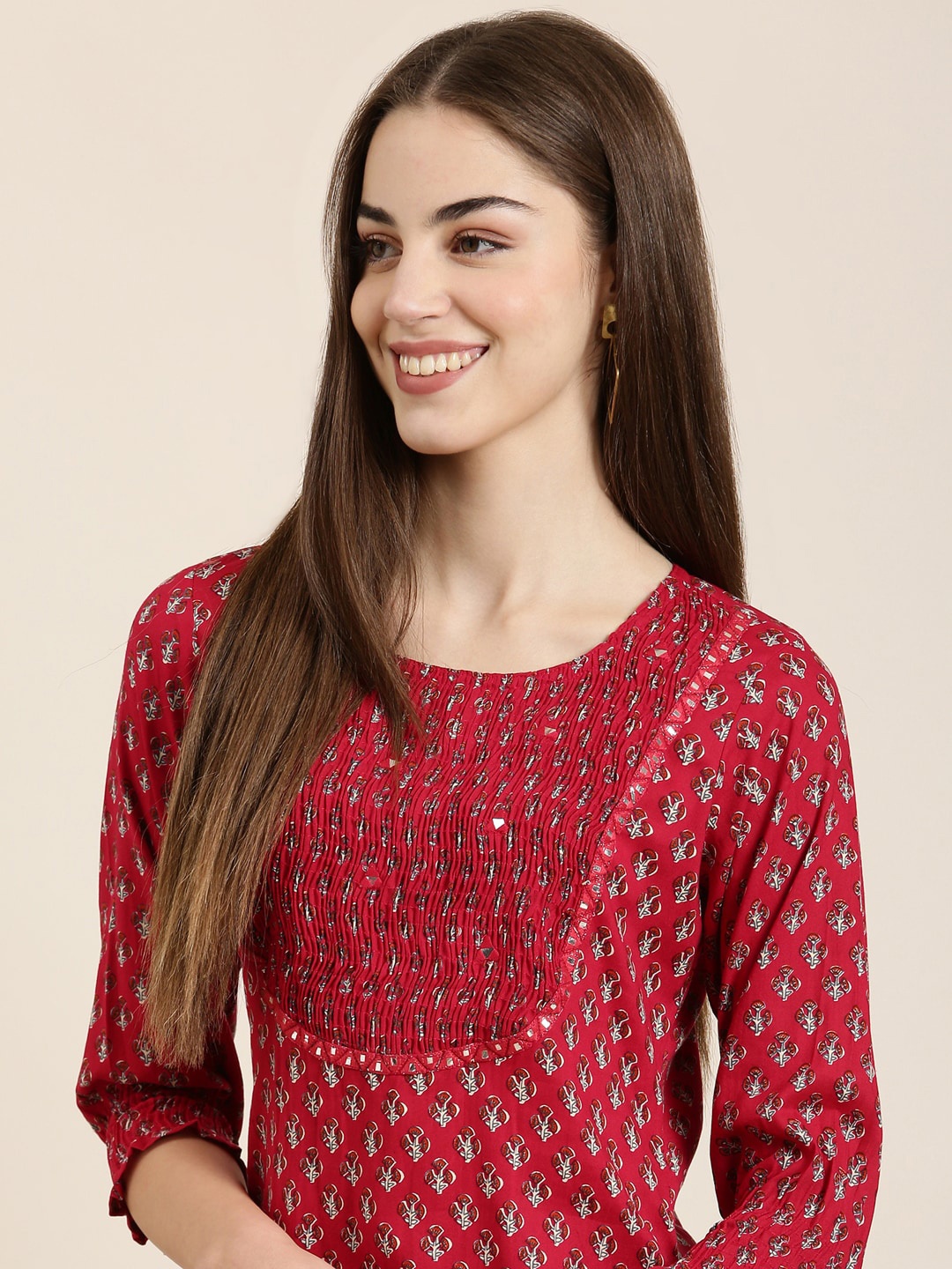 SHOWOFF Floral Printed Cotton Kurta, Red