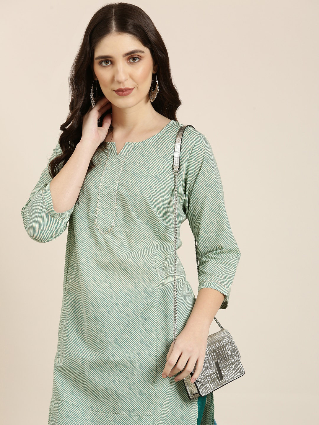

SHOWOFF Striped Cotton Kurta, Green