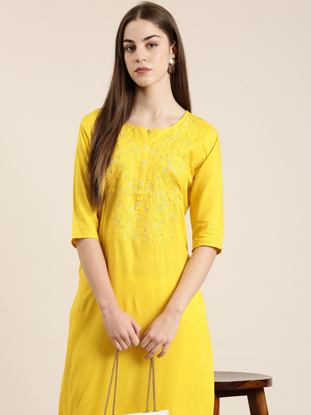 

SHOWOFF Floral Embroidered Kurta, Yellow