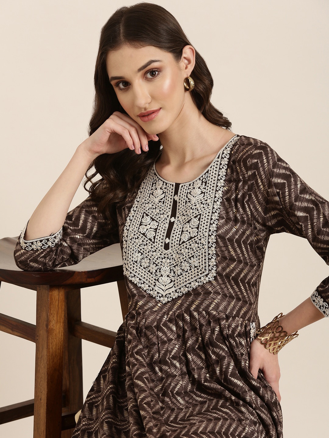 

SHOWOFF Geometric Printed Thread Work A-line Kurta, Brown