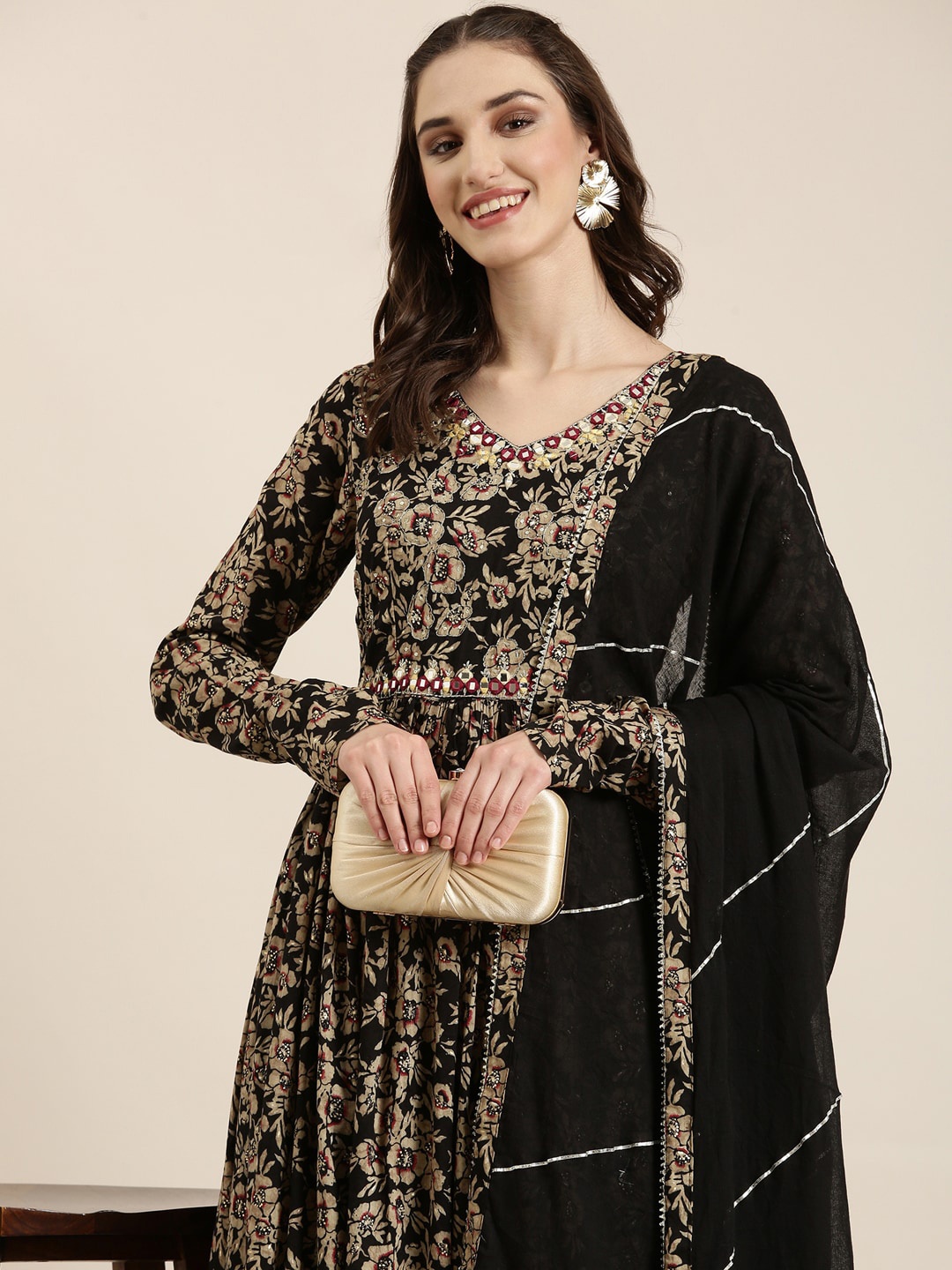 

SHOWOFF Floral Printed Anarkali Kurta With Dupatta, Black
