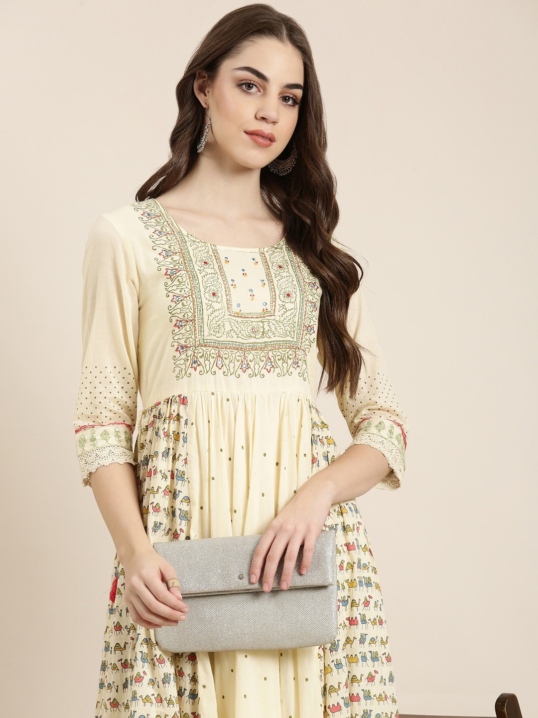 

SHOWOFF Ethnic Motifs Printed Anarkali Kurta, Cream