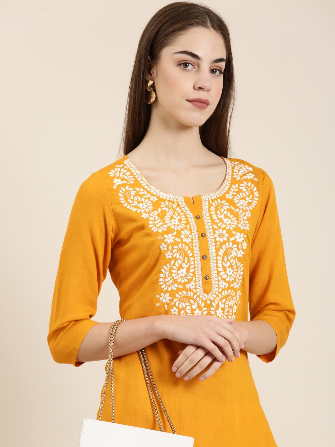 SHOWOFF Floral Embroidered Thread Work Straight Kurta, Orange