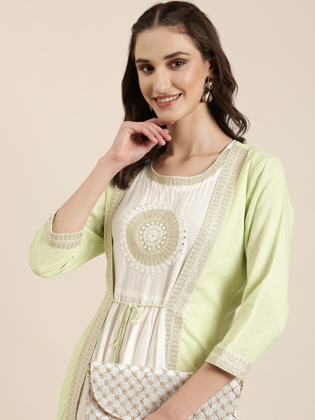 

SHOWOFF Ethnic Motifs Embroidered Mirror Work A-Line Kurta With Shrug, Off white