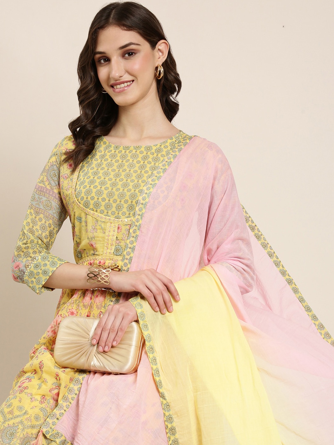SHOWOFF Floral Printed Anarkali Kurta With Dupatta, Yellow