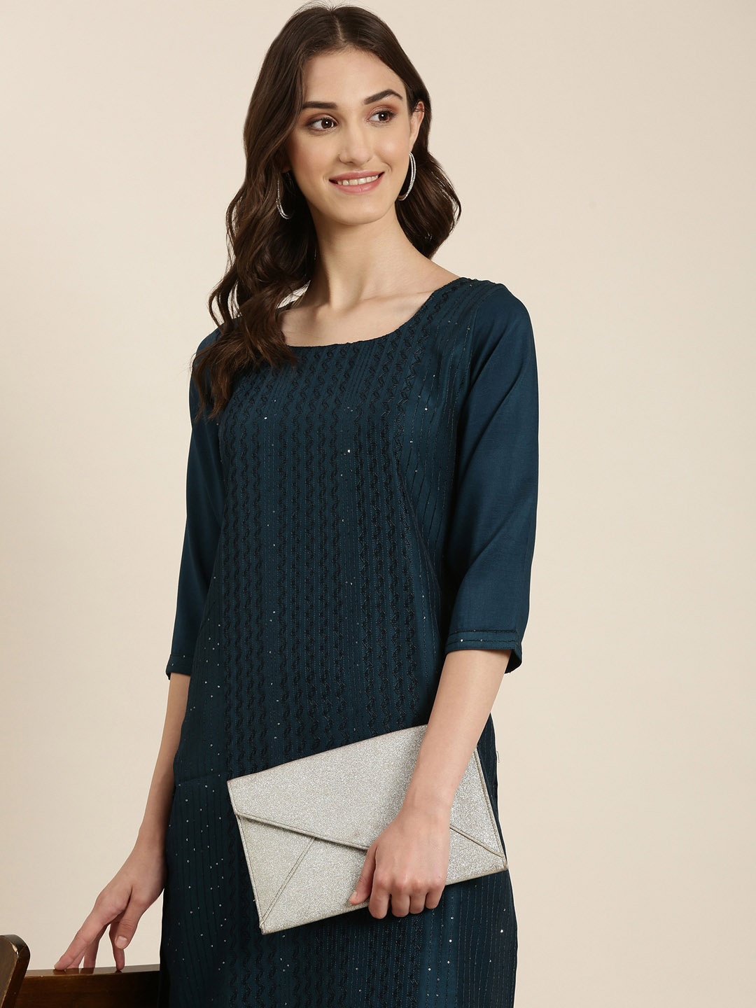 

SHOWOFF Geometric Embroidered Straight Kurta, Teal