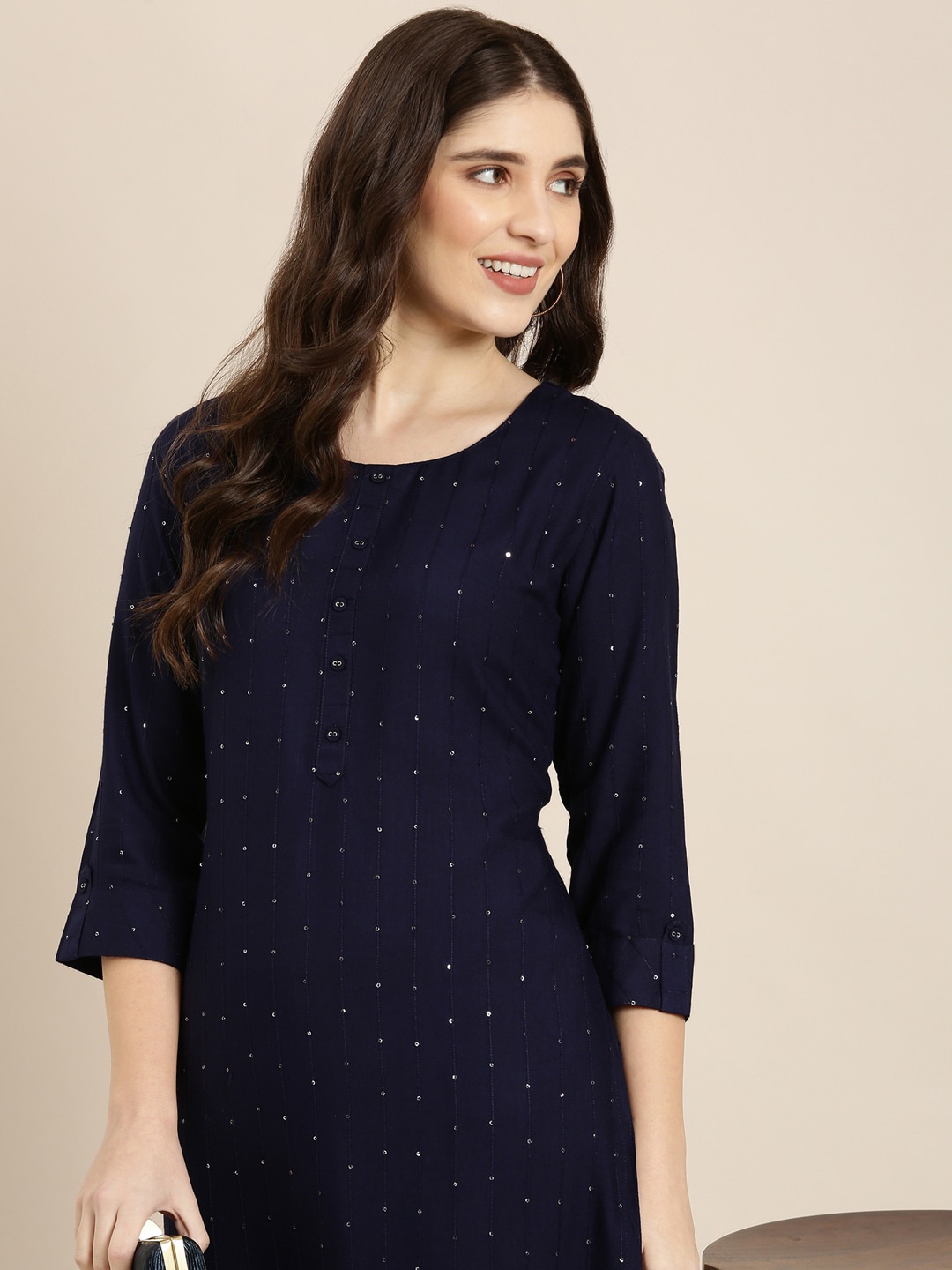 

SHOWOFF Striped Embellished Sequinned Straight Kurta, Navy blue