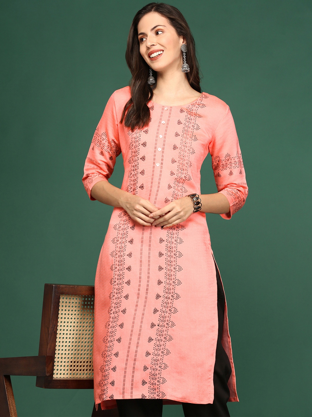 

SHOWOFF Geometric Printed Straight Kurta, Peach