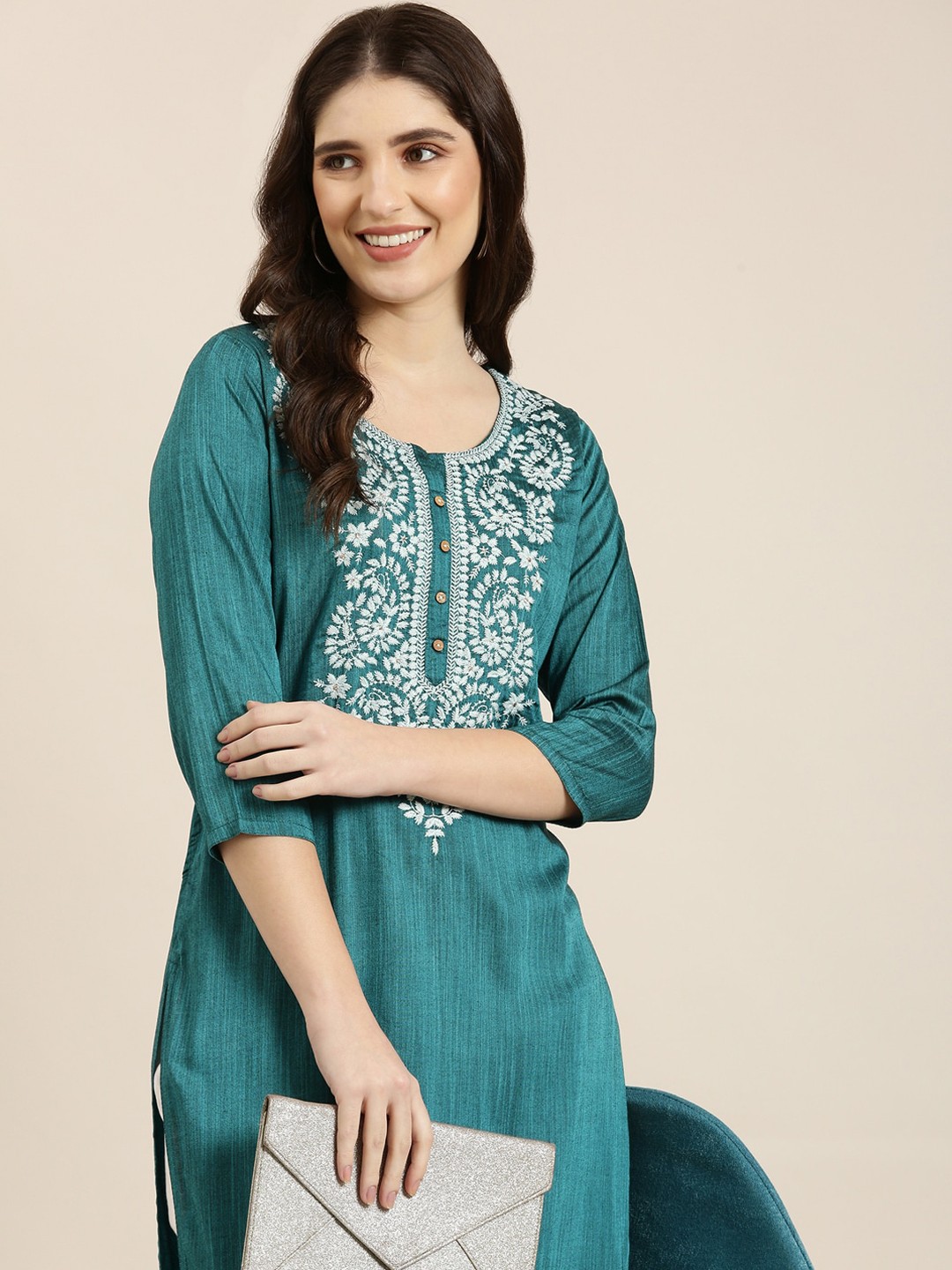 

SHOWOFF Ethnic Motifs Embroidered Thread Work Dupion Silk Straight Kurta, Teal