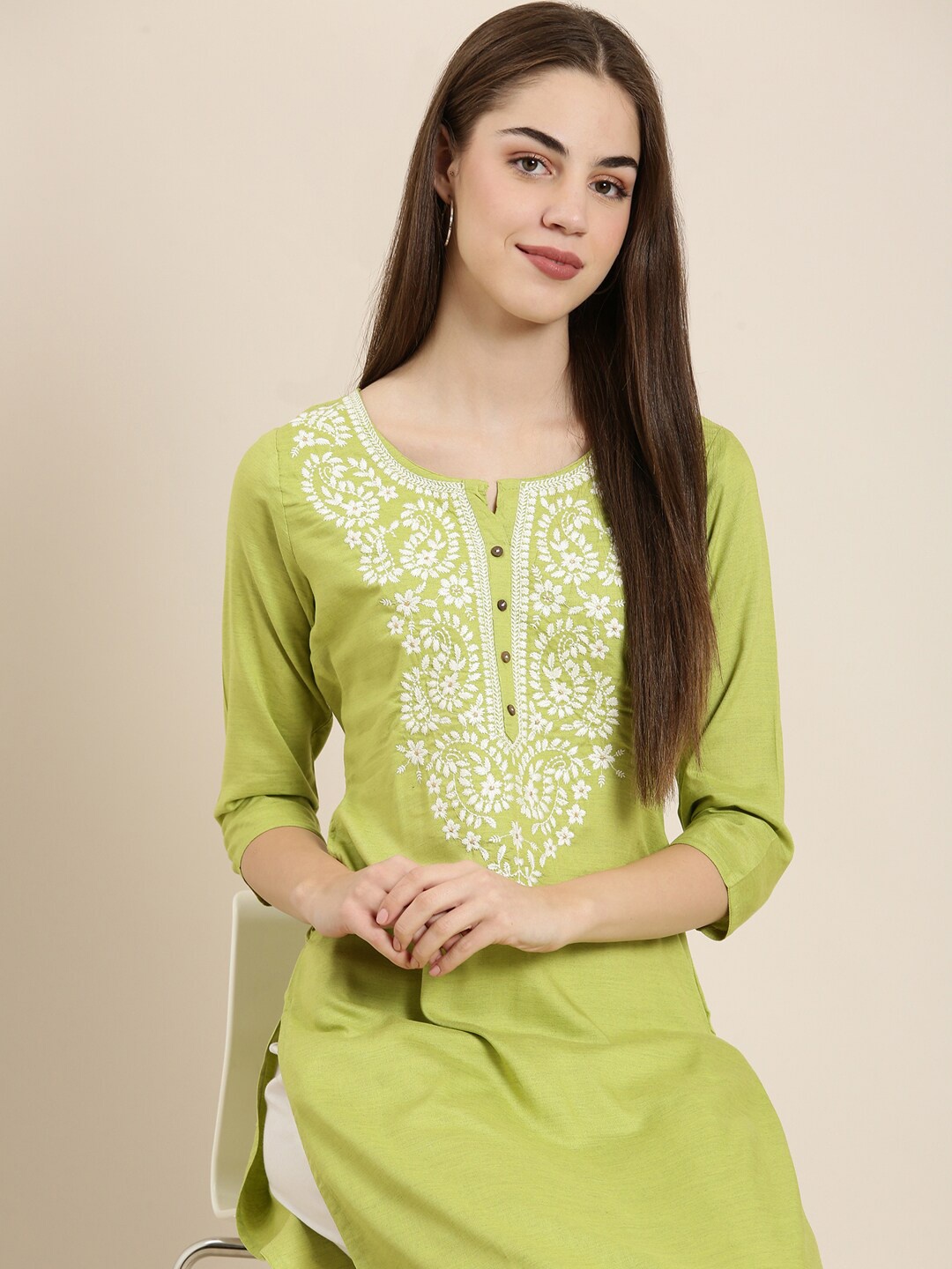 

SHOWOFF Floral Embroidered Cotton Straight Kurta, Green