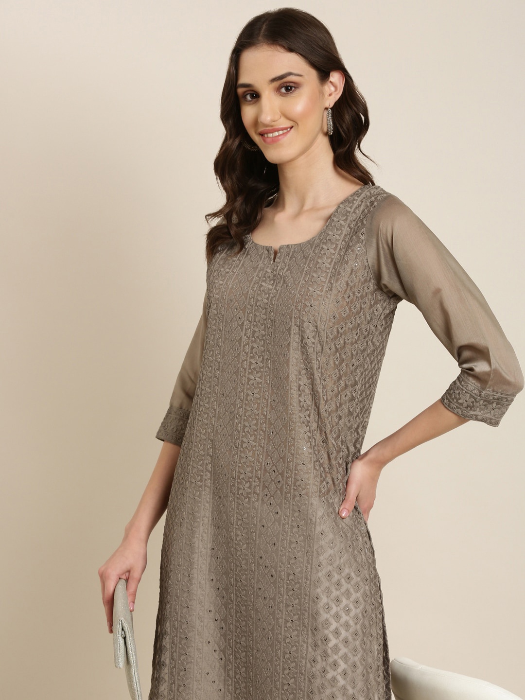 

SHOWOFF Floral Embroidered Cotton Sequinned Straight Kurta, Taupe