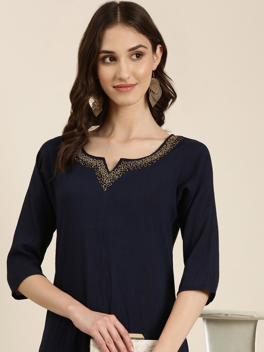 

SHOWOFF Thread Work Straight Kurta, Navy blue