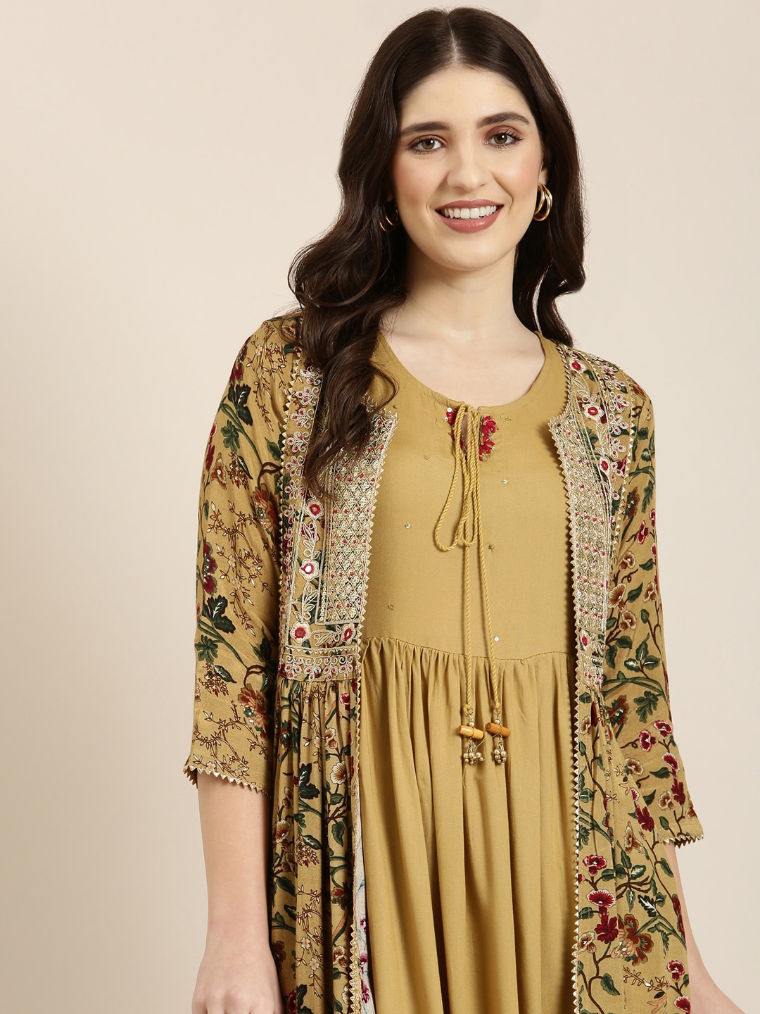 

SHOWOFF Cotton Tie-Up Neck Sleevless Kurta With Jacket, Olive