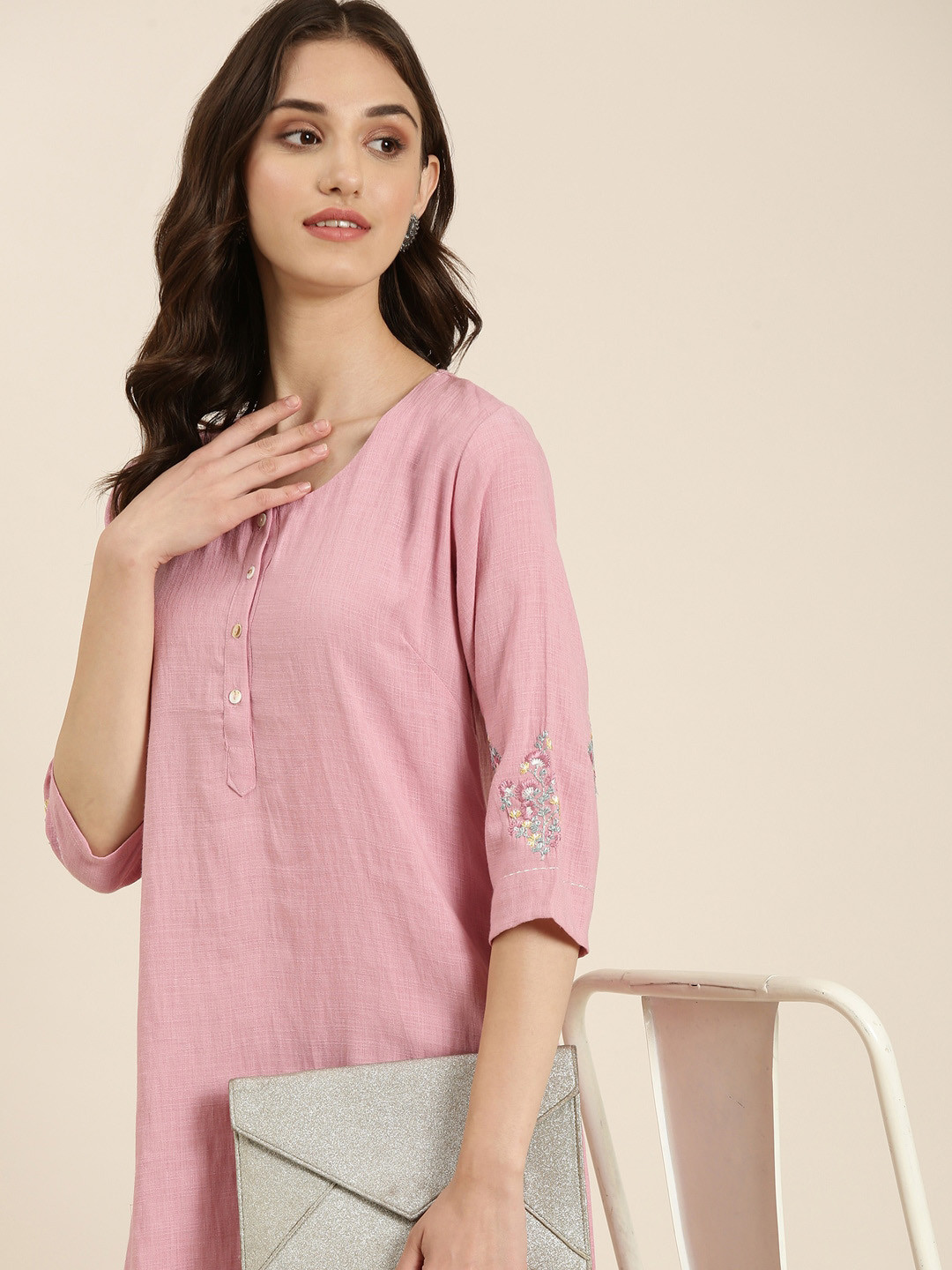 

SHOWOFF Round Neck Three Quarter Sleeves Kurta, Pink