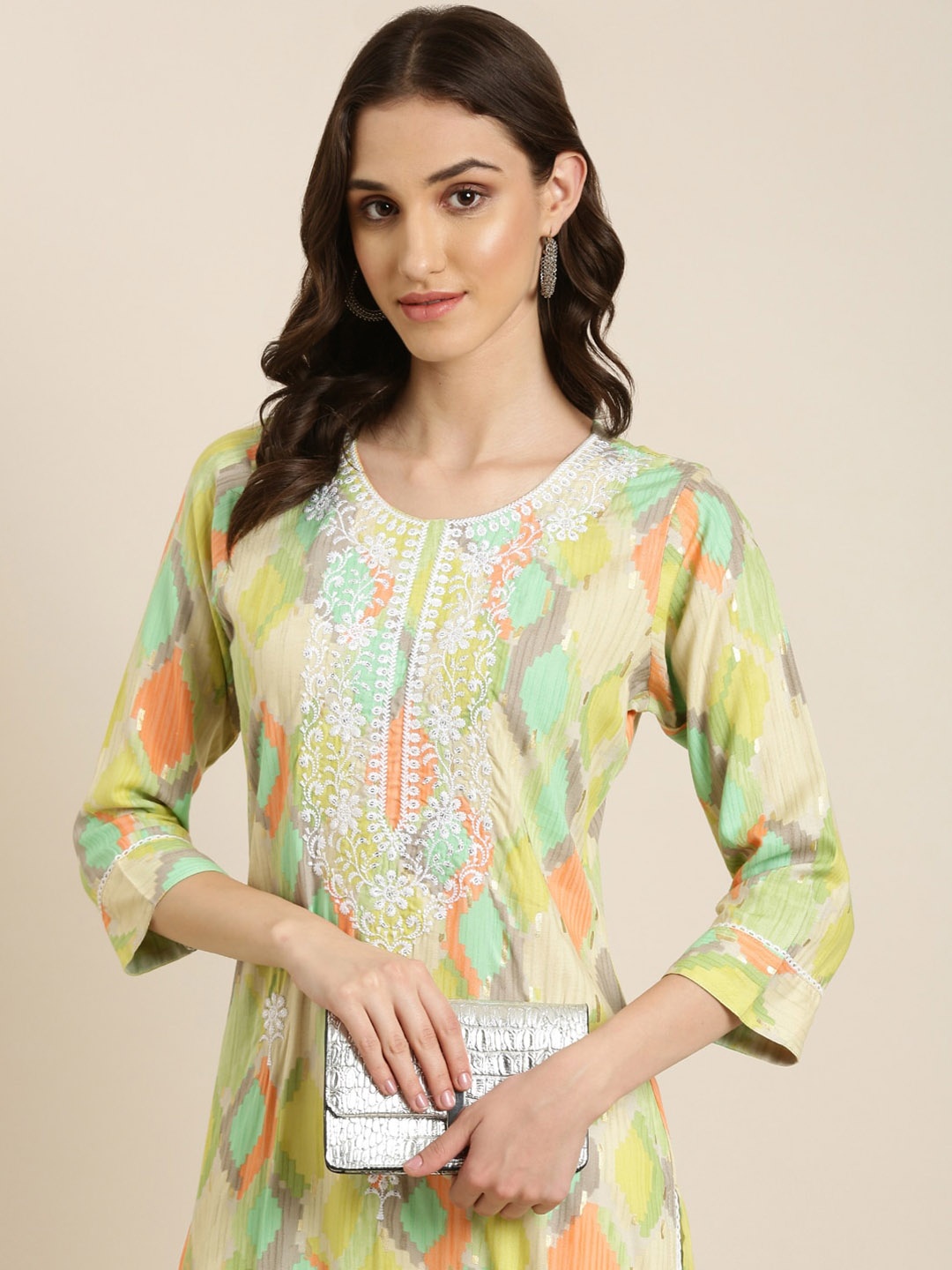 

SHOWOFF Abstract Printed Thread Work Kurta, Yellow