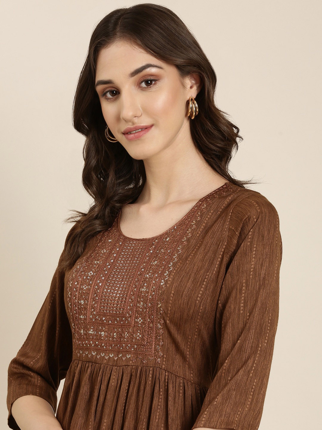 

SHOWOFF Abstract Woven Design Sequinned Kurta, Coffee brown