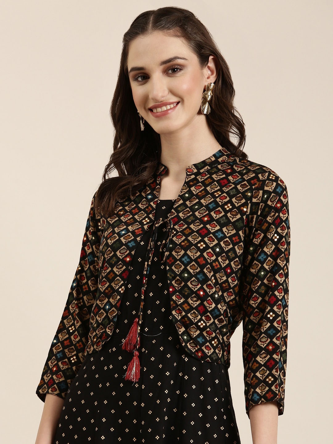 

SHOWOFF Abstract Printed Sleeveless Anarkali Kurta, Black