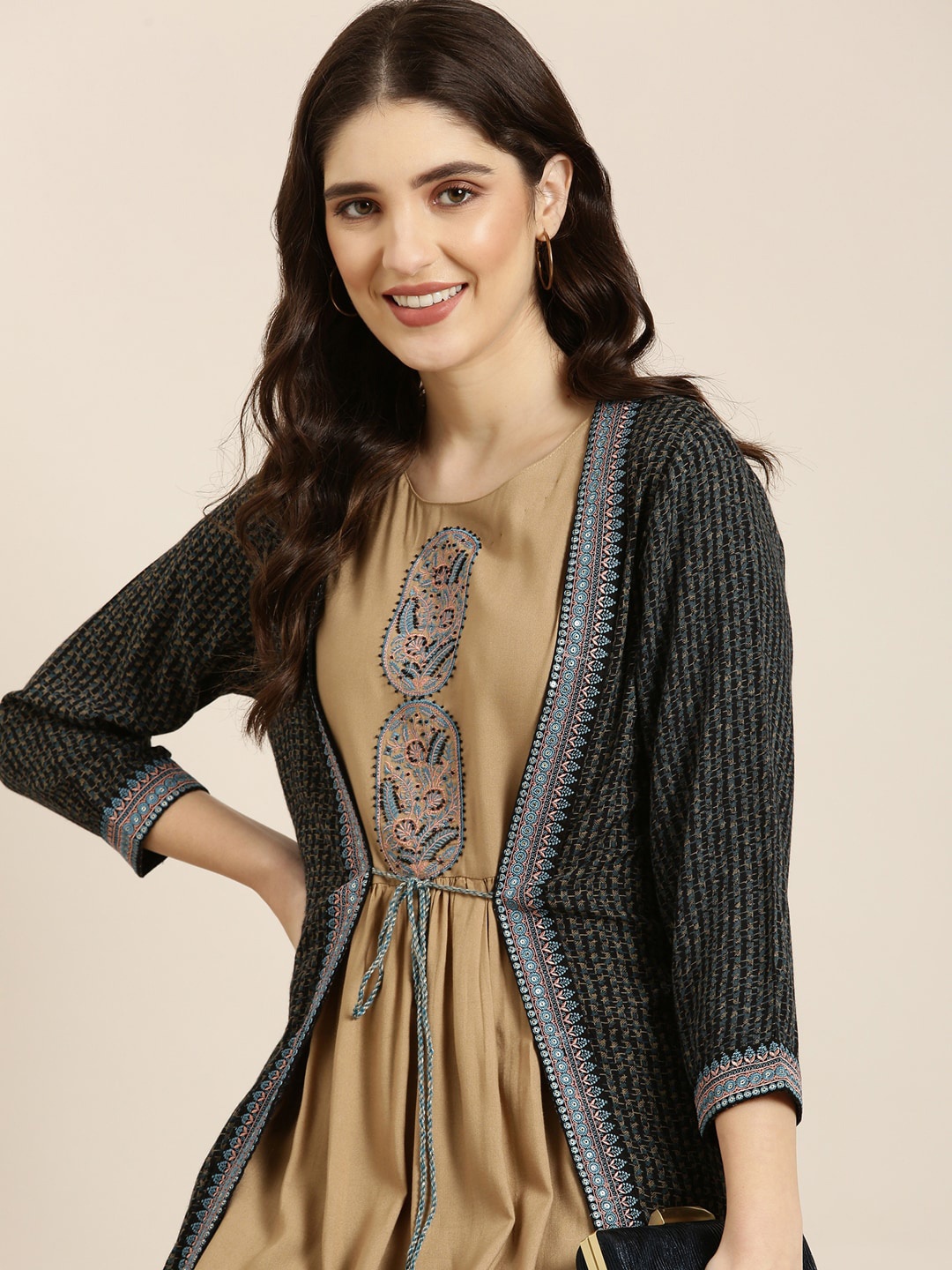 SHOWOFF Floral Printed Round Neck Anarkali Kurta, Khaki