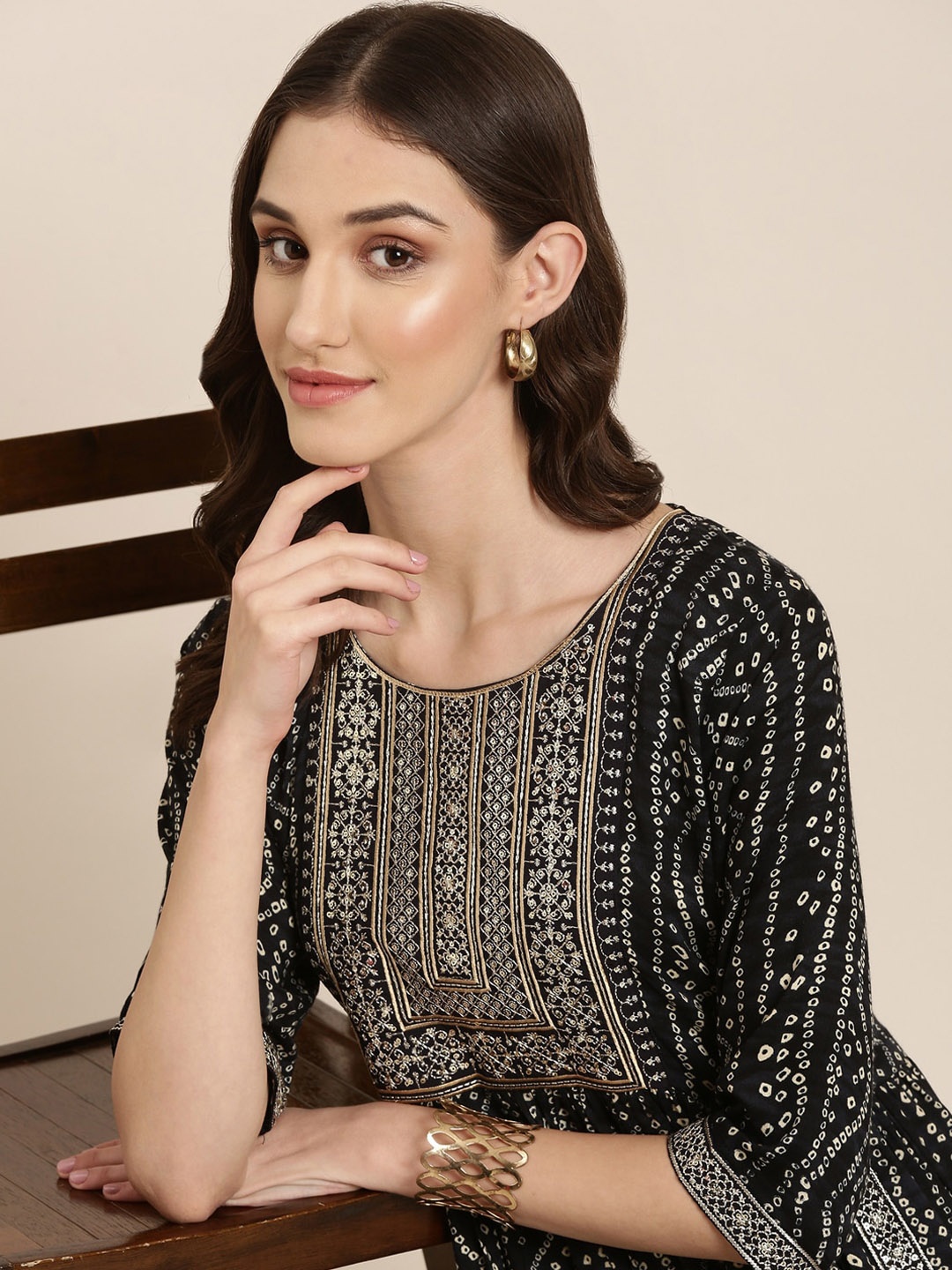 

SHOWOFF Bandhani Printed Embroidered Anarkali Kurta, Black