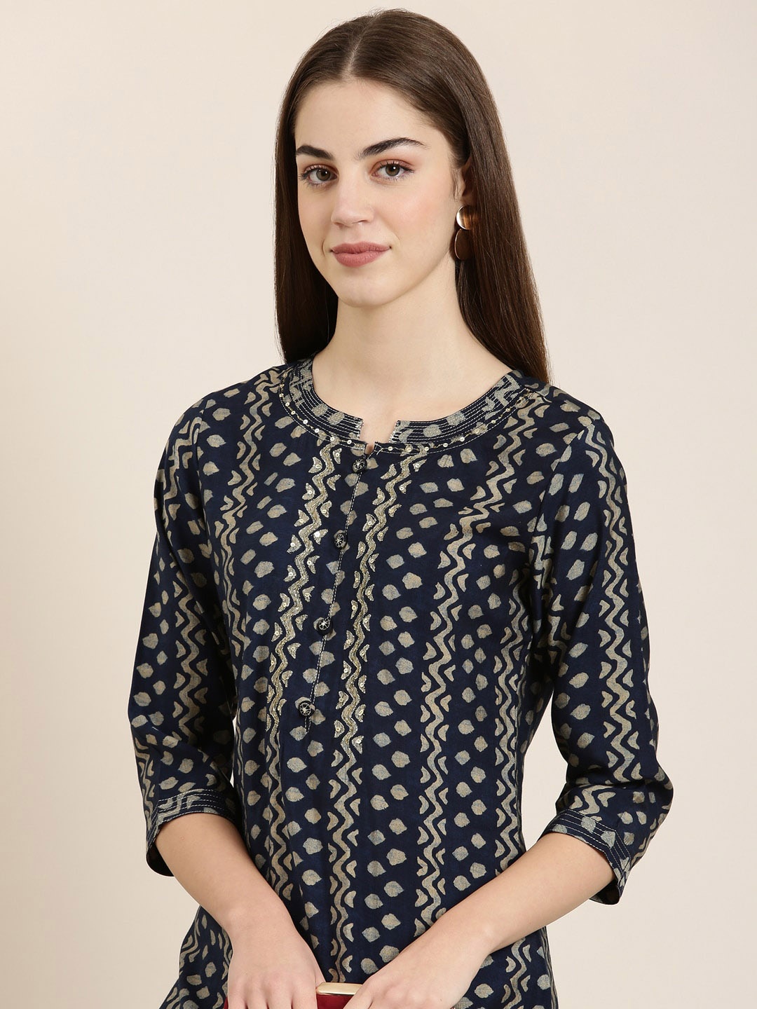 

SHOWOFF Ethnic Motifs Printed Sequinned Kurta, Teal