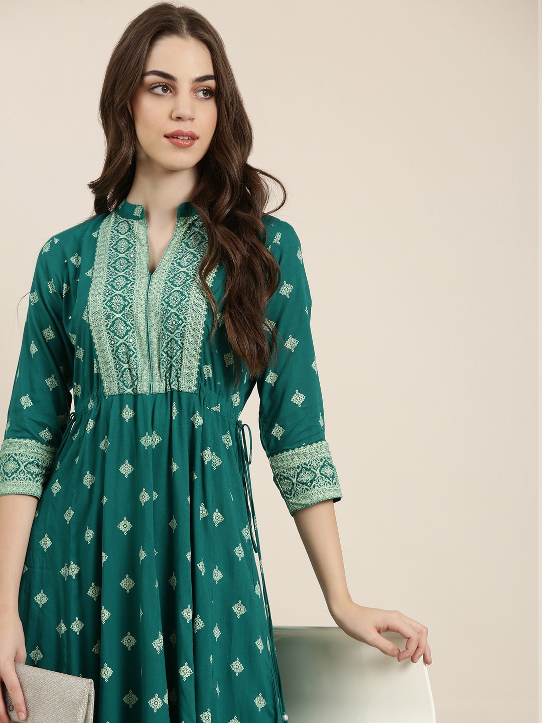 

SHOWOFF Ethnic Motifs Printed Mirror Work Empire Kurta, Teal