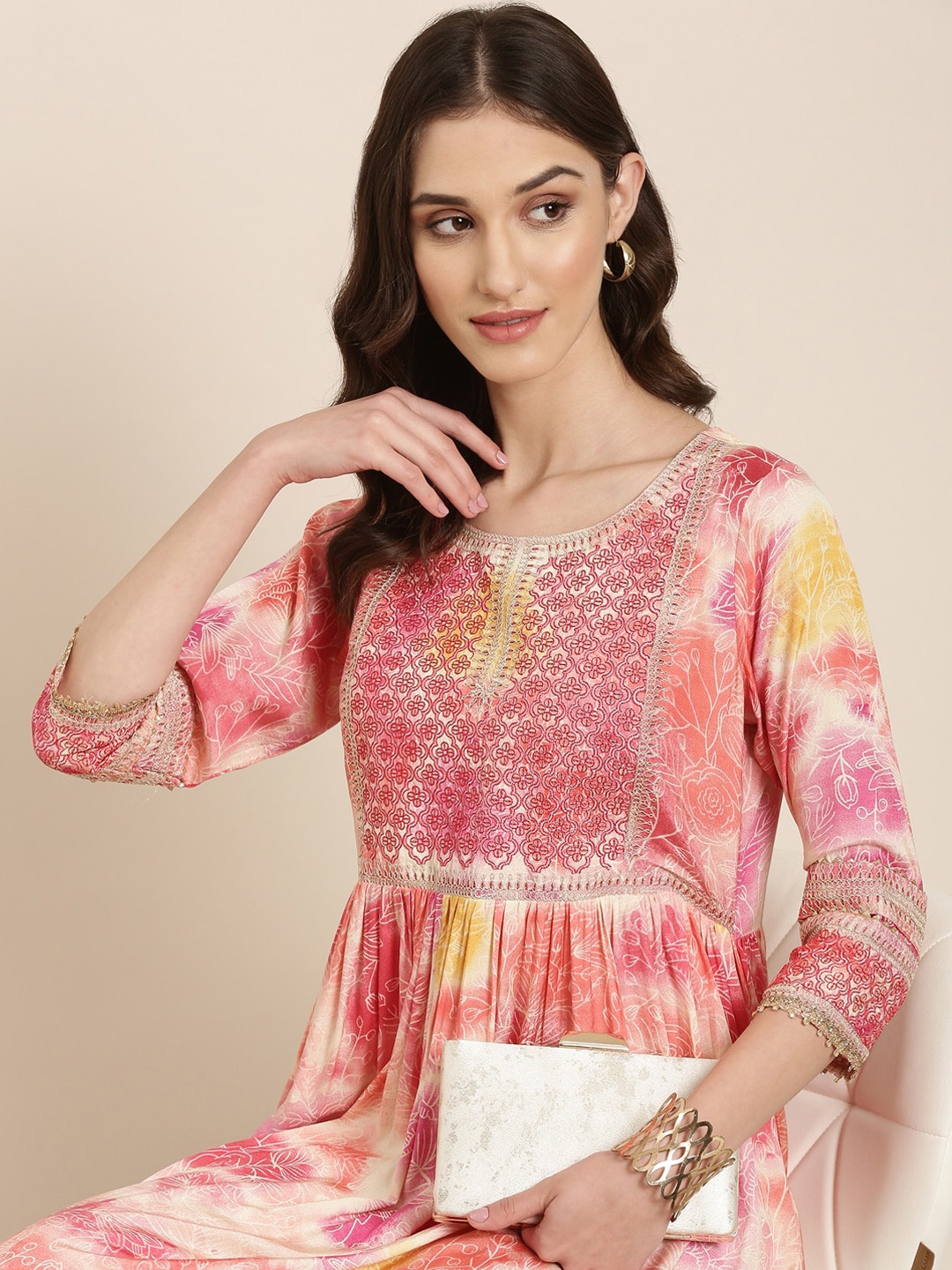

SHOWOFF Floral Printed Thread Work Pleated Kurta, Peach