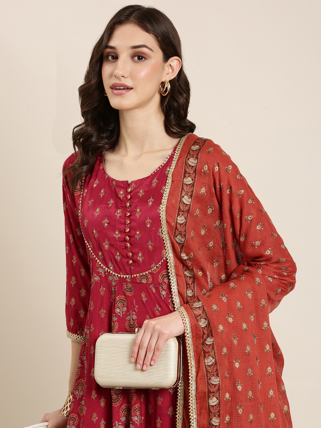 

SHOWOFF Ethnic Motifs Printed Kurta With Dupatta, Maroon