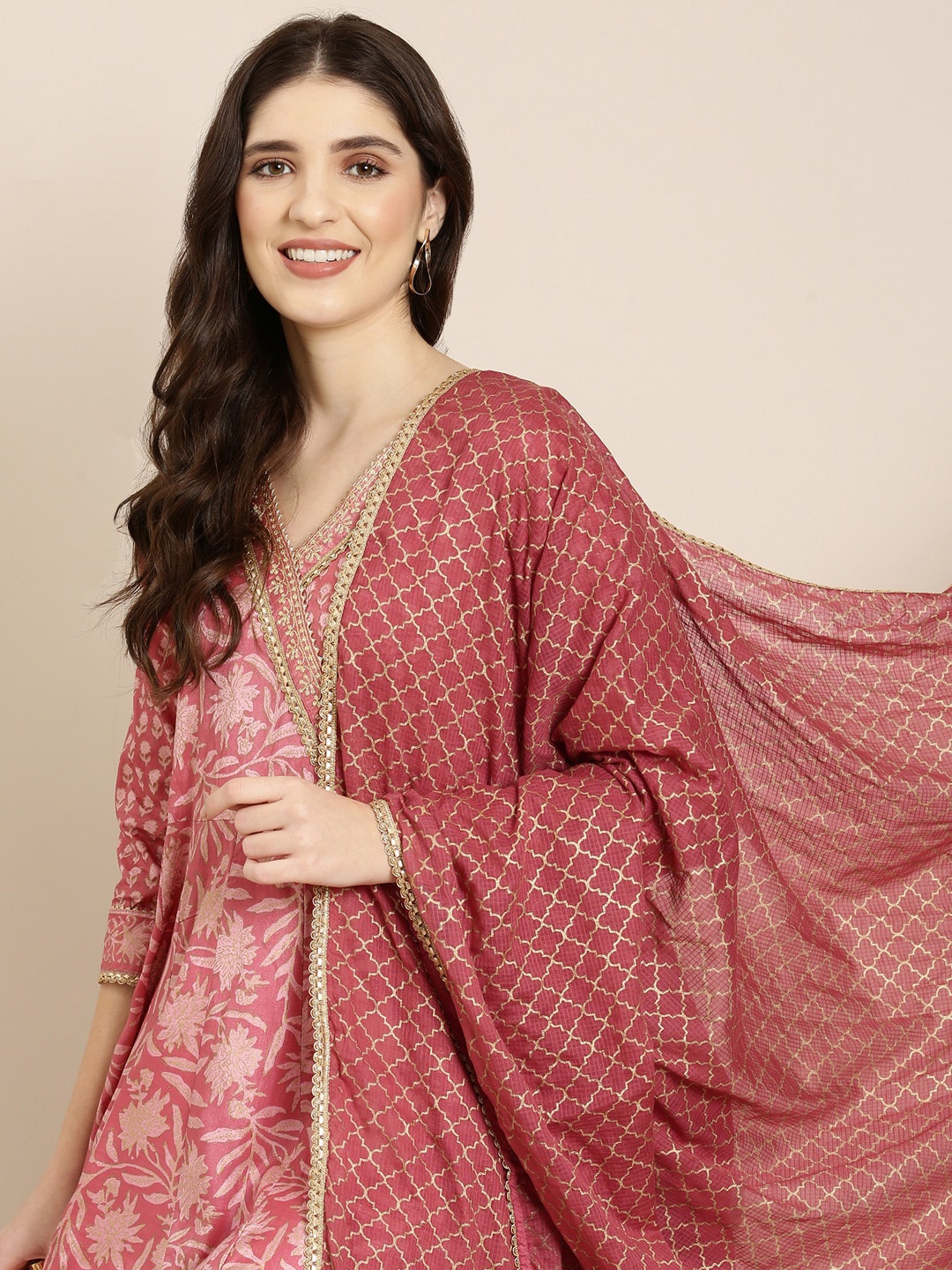 

SHOWOFF Floral Printed Gotta Patti Anarkali Angrakha Kurta With Dupatta, Mauve