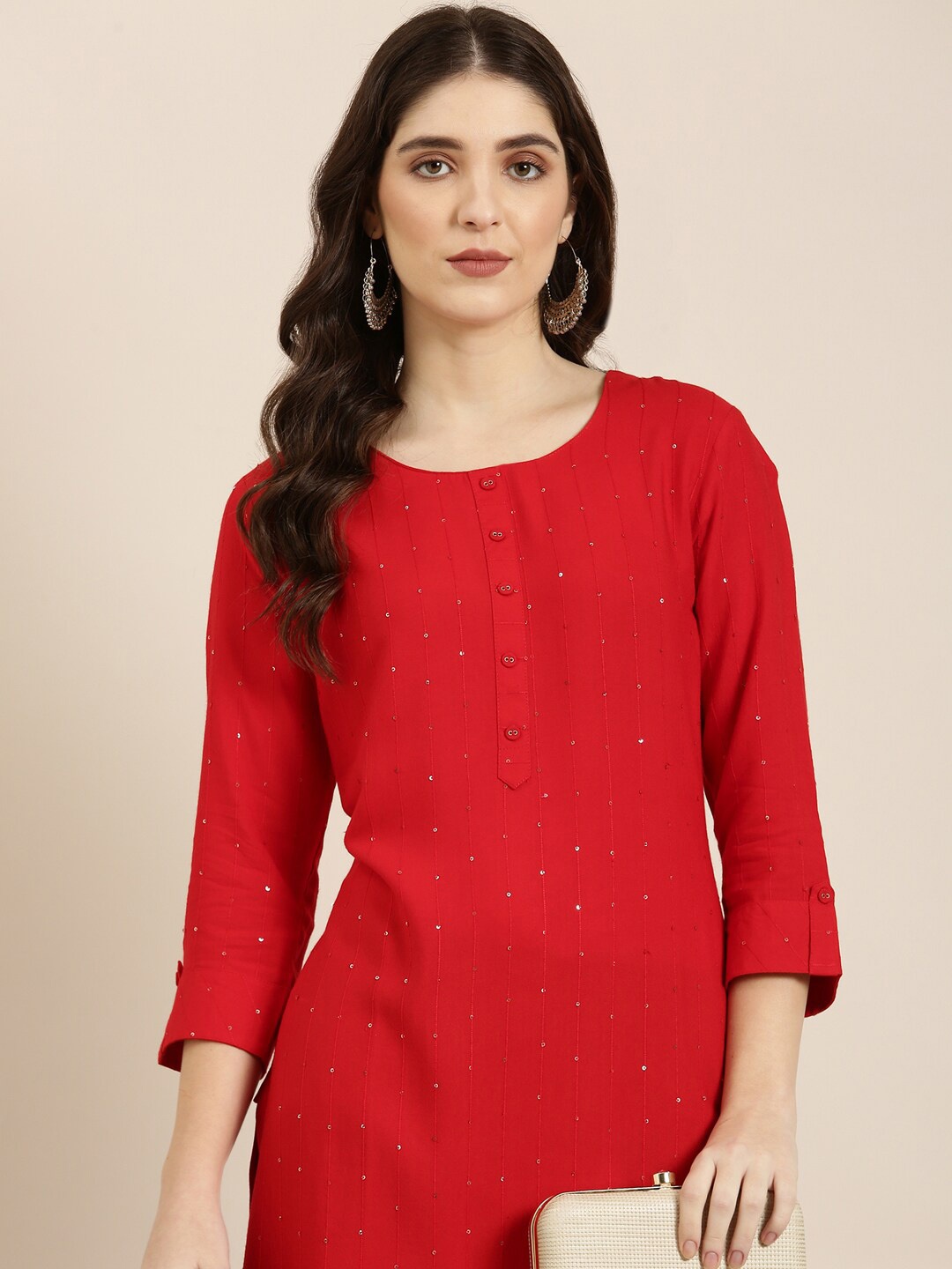 

SHOWOFF Embellished Sequinned Straight Kurta, Red