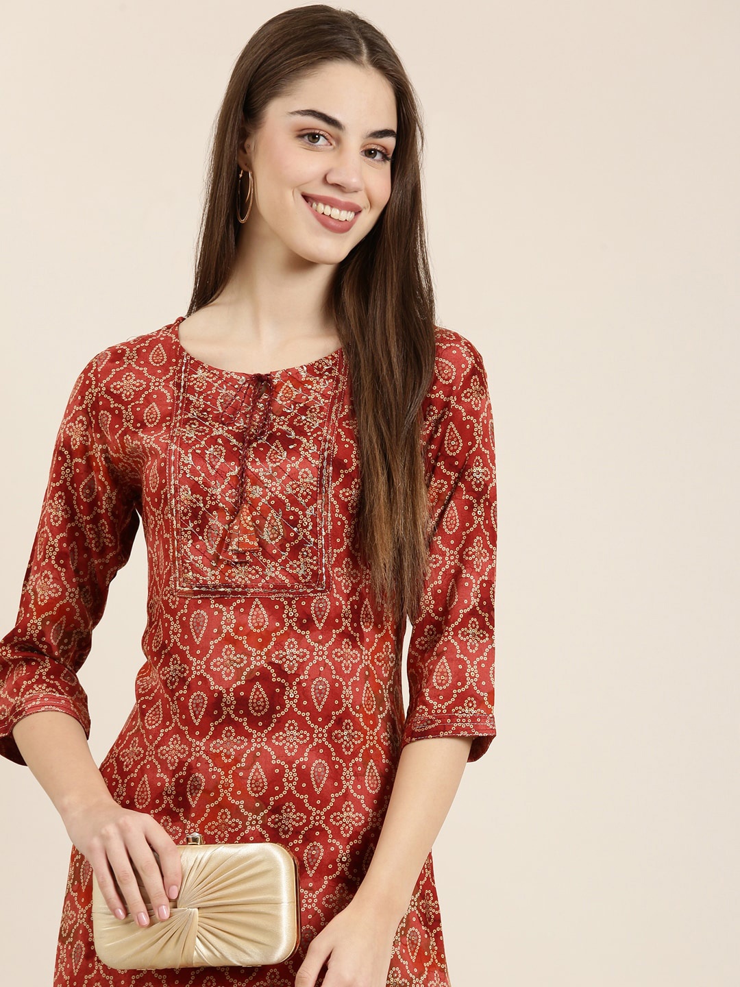 

SHOWOFF Ethnic Motifs Printed Straight Kurta, Rust