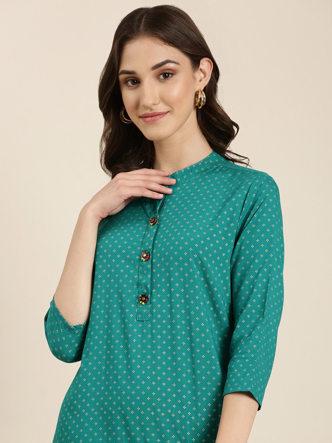 

SHOWOFF Floral Printed Band Collar Straight Kurta, Teal